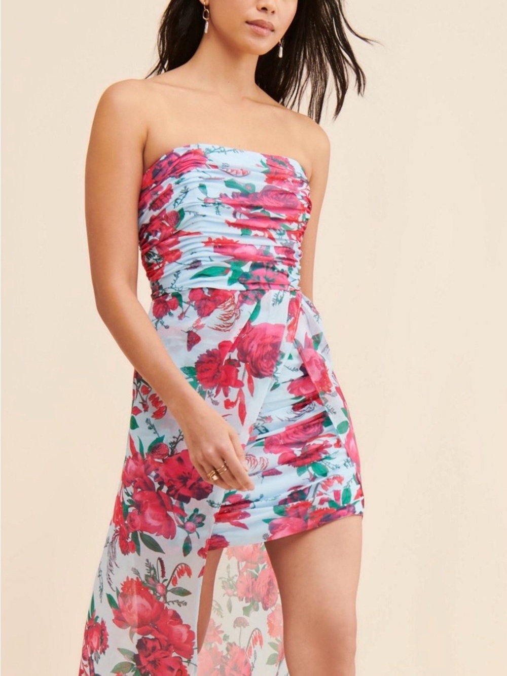 Hutch Strapless High-Low Floral Dress in Light Blue and Red, Sz 18W